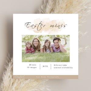 May include: A white card with a watercolor background and the text "Easter minis" in black script. The card also includes information about a photography session, including the duration, number of images, price, location, and availability. The text "Contact" is at the bottom of the card.