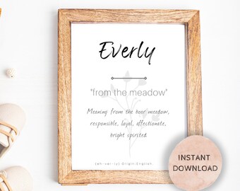 Everly Name Meaning, Nursery Sign, Printable Baby Name Sign, Instant download, Everly nursery sign, Printable name meaning, Everly meaning