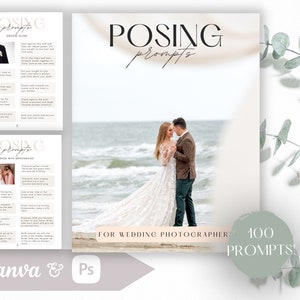 Op de afbeelding: Een gids voor trouwfotografie met de titel "POSING prompts" en de tekst "FOR WEDDING PHOTOGRAPHER 100 PROMPTS!". Het bevat poseerinstructies voor de bruidegom, bruid en bruidsmeisjes. De achtergrond toont een stel op een strand.