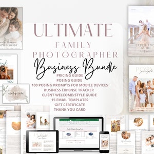 May include: A digital marketing bundle for family photographers. The bundle includes a pricing guide, posing guide, 100 posing prompts for mobile devices, business expense tracker, client welcome/style guide, 15 email templates, gift certificate, and thank you card.