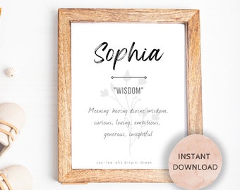 Sophia Baby Name Meaning, Baby Nursery Sign, Printable Baby Name Sign, Instant download, Sophia sign, Printable name meaning, Sophia meaning