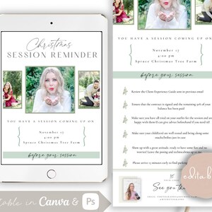 May include: A digital Christmas session reminder with a green background and a white border. The reminder includes a photo of a woman blowing a kiss, a photo of a couple, and a photo of a family. The text reads "Christmas Session Reminder" and includes the date and time of the session, "November 17, 4:00 pm", and the location, "Spruce Christmas Tree Farm". The reminder also includes a list of things to do before the session, such as reviewing the client experience guide, ensuring the contract is signed, and making sure outfits are ready.