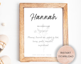Hannah Name Meaning, Nursery Sign, Printable Baby Name Sign, Instant download, Hannah nursery sign, Printable name meaning, Hannah meaning