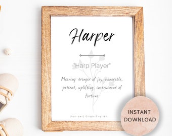 Harper Name Sign, Baby Nursery Sign, Baby Names Meaning, Instant download, Harper sign, Printable, baby shower gift, new mom gift