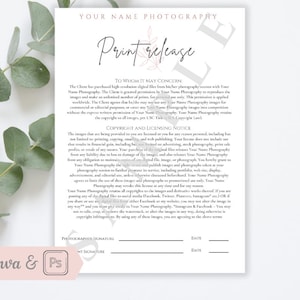 May include: A printable document with the title "Print Release" and text about copyright and licensing for photography. The document includes spaces for the photographer and client to sign and date.