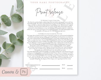 Photo Print Release Form, Photography contract, Photographer Template, Family Photography Print Release, Editable print release form