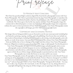 Photo Print Release Form, Photography Contract, Photographer Template ...