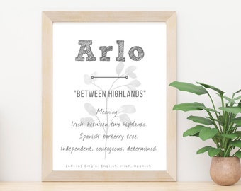 Arlo Baby Name Meaning, Nursery Sign, Boy Names Printable, Nolan sign, Printable meaning of name, new mom gift, Instant download