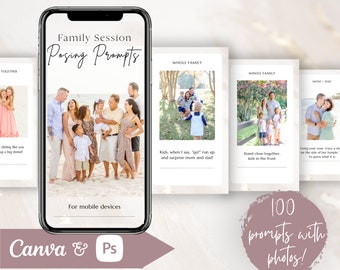 Family Posing Guide, Posing Prompts for Family Photographers, Mini Sessions, 100 Posing Prompts, Posing Cards, Canva Template, Photoshop,