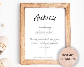 Aubrey Name Meaning, Nursery Sign, Printable Baby Name Sign, Instant download, Aubrey nursery sign, Printable name meaning, Aubrey meaning