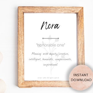 Nora Baby Name Meaning, Baby Nursery Sign, Printable Baby Name Sign, Instant download, nursery sign, Printable name meaning, Nora meaning