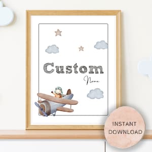 Airplane Nursery, Custom Name Sign, Printable Baby Name Sign, Instant Download, Custom nursery sign, airplane nursery decor, new mom gift