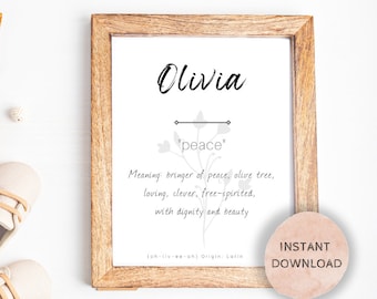 Olivia Name Meaning, Nursery Sign, Printable Baby Name Sign, Instant download, Olivia nursery sign, Printable name meaning, Olivia meaning
