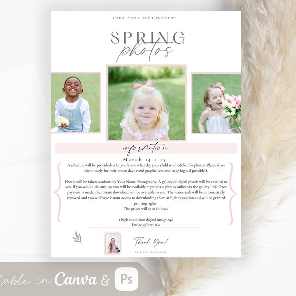 Plantilla de fotos de primavera escolar, Folleto de fotos de primavera, Plantilla de Photoshop Canva editable para sesiones de fotos, Folleto de fotografía personalizable