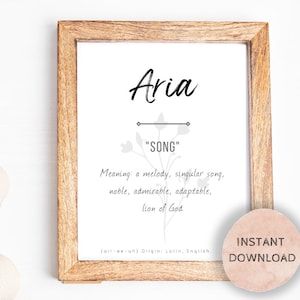 Aria Baby Name Meaning, Baby Nursery Sign, Printable Baby Name Sign, Instant download, Aria sign, Printable name meaning, Aria meaning