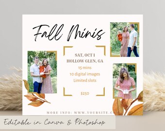 Sjabloon voor minisessie herfst voor fotografen Bewerkbare Canva Photoshop Aanpasbare snapshotlay-out Facebook-marketingadvertentie gebladertesjabloon