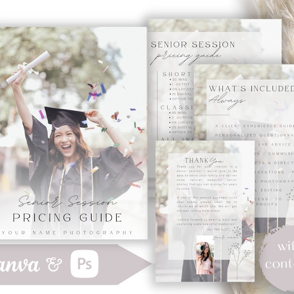 Senior Session Pricing Guide, Photography Pricing Guide Template, Senior Session, Editable, Photoshop template, Canva template, Price Guide