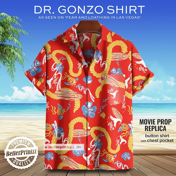 Camisa Dr. Gonzo, Camisa hawaiana Dr. Gonzo, Miedo y asco en Las Vegas, Disfraz de Gonzo adulto, Camisa de disfraz de Halloween, Réplica de accesorios de película