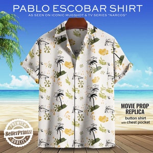 Pablo Escobar Hawaiian Shirt, Escobar Mugshot Shirt, Famous Drug Lord Pablo "El Patron" Escobar Cosplay Halloween Costume Shirt Movie Prop