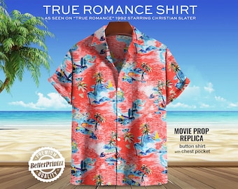 True Romance Hawaiian Shirt, Christian Slater Costume Cosplay, Tarantino Movie 90s Halloween Costume Shirt, Red Shirt Movie Prop Replica