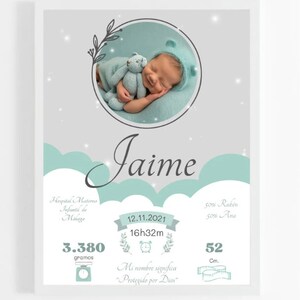 Cuadro Natalicio. Lámina Imprimible Personalizada. Decoración Habitación Bebé. Decoración Infantil de Pared.