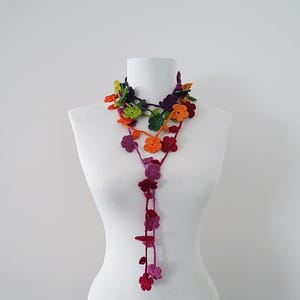 Crochet Flower Lariat Necklace: Rainbow Yarn, Long Boho Style