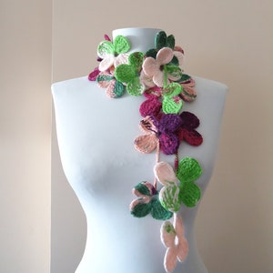 Colorful crochet scarf pink green purplescarf accessories lariat scarf beautiful flowered scarf for women