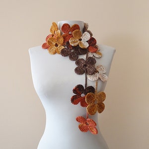 Crochet Flower Scarf: Brown, Mustard, Beige Lariat, Autumn Accessory
