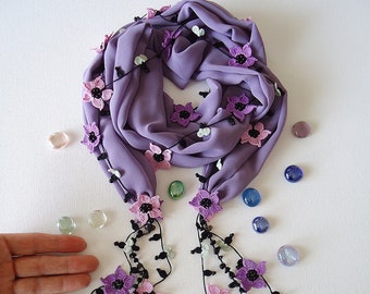 Lilac chiffon scarf with crochet flowers