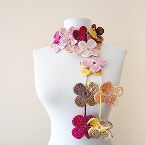 Colorful crochet scarf pink yellow burgundy accessories lariat scarf beautiful flowered scarf for women