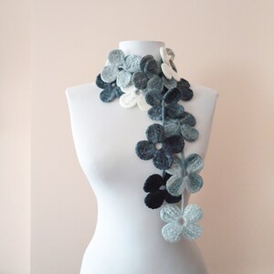 Dark gray and gray scarf white gray crochet scarf Crochet flower scarf for women mothers day gift