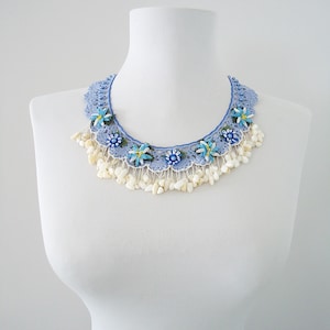 Blue Crochet Collar Necklace: Needle Lace Flower, Mother of Pearl