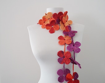 Colorful Crochet Flower Scarf: Autumn Lariat, Handmade Acrylic Yarn