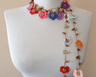 Colorful crochet flower lariat necklace wrap crochet necklace bohemian necklace