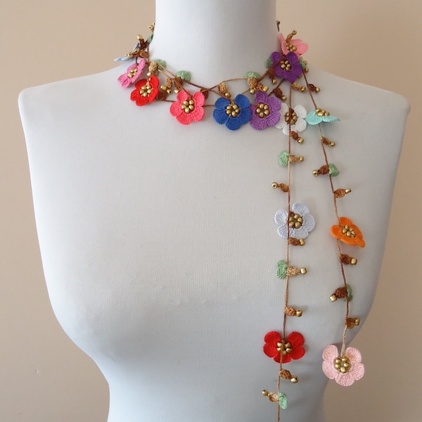 Colorful crochet flower lariat necklace wrap crochet necklace bohemian necklace