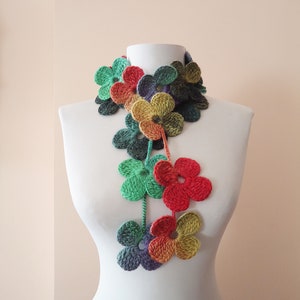 Colorful crochet scarf pink green turquoise yellow and red scarf accessories lariat scarf beautiful flowered scarf for women