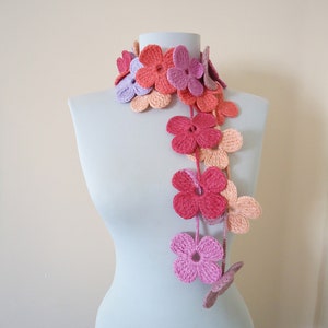 Colorful crochet scarf pink orange purple and dark pink scarf accessories lariat scarf beautiful flowered scarf for women