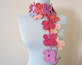 Handmade Crochet Flower Scarf: Variegated Acrylic Yarn, Pink Orange Purple
