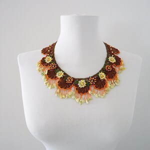 Brown orange crochet necklace with needle lace oyas