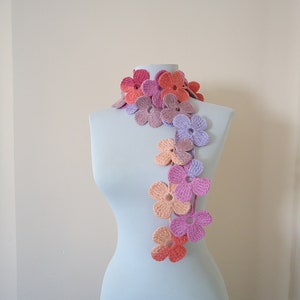 Colorful crochet scarf pink orange purple and dark pink scarf accessories lariat scarf beautiful flowered scarf for women
