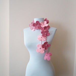 Colorful crochet scarf dark pink and pink flower scarfaccessories lariat scarf beautiful flowered scarf for women