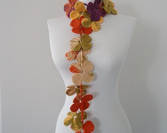 Crochet Flower Scarf: Colorful Acrylic Lariat, Autumn Accessory