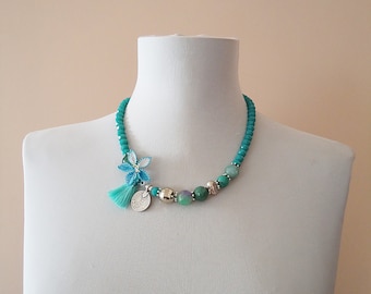Turquoise blue necklace oya necklace with tassel crystal necklace mixed semiprecious stone necklace
