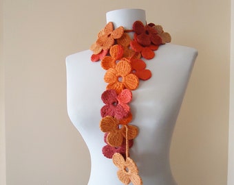 Crochet Flower Scarf: Red Orange Autumn Lariat, Handmade
