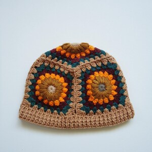 Handmade Granny Square Crochet Beanie: Autumn Colors Acrylic Winter Hat