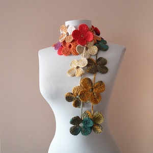 Crochet Flower Scarf, Autumn Colors, Handmade Lariat