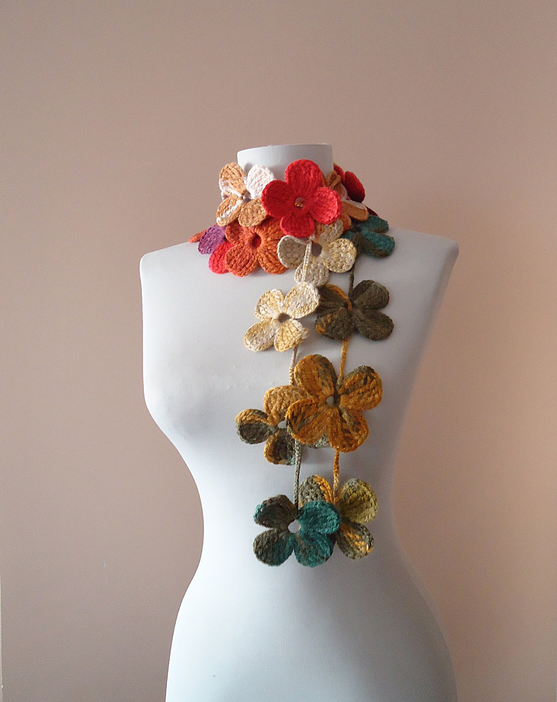 Colorful crochet scarf autumn accessories lariat scarf beautiful flowered scarf for women