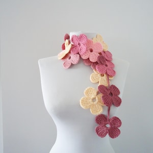Colorful crochet scarf dark pink and pink flower scarfaccessories lariat scarf beautiful flowered scarf for women