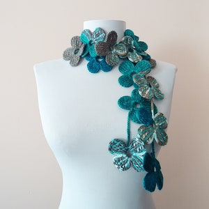 Crochet flower scarf turquoise brown crochet floral necklace crochet lariat scarf