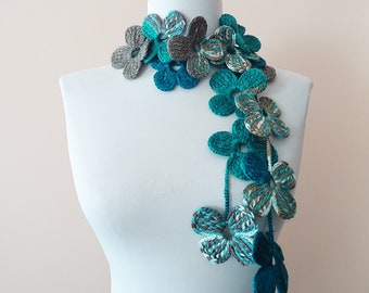 Crochet flower scarf turquoise brown crochet floral necklace crochet lariat scarf